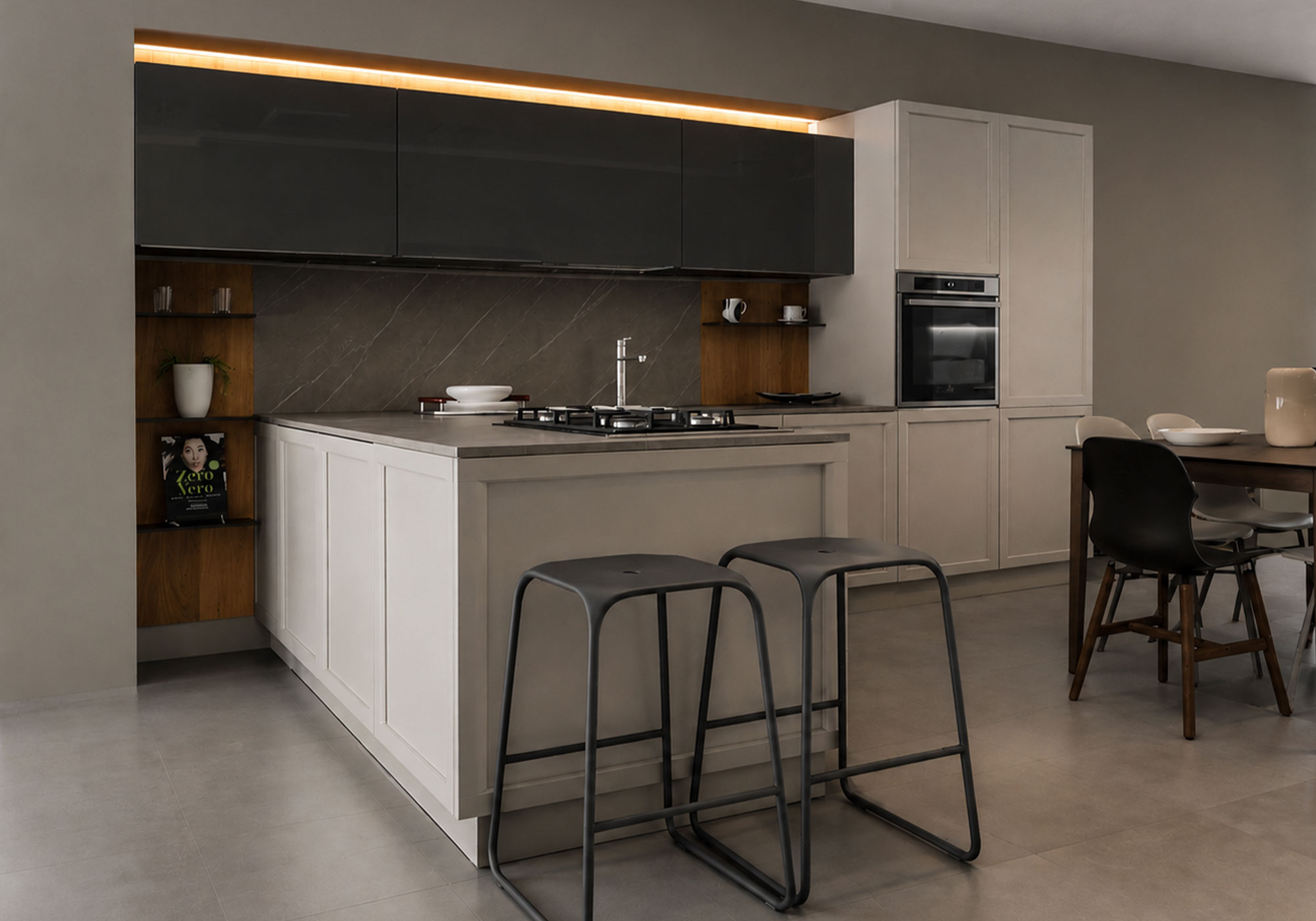 cucina con penisola moderna con top in laminato grigio Bellaria 72 Forma cucina con penisola moderna con top in laminato grigio Bellaria 72 Forma