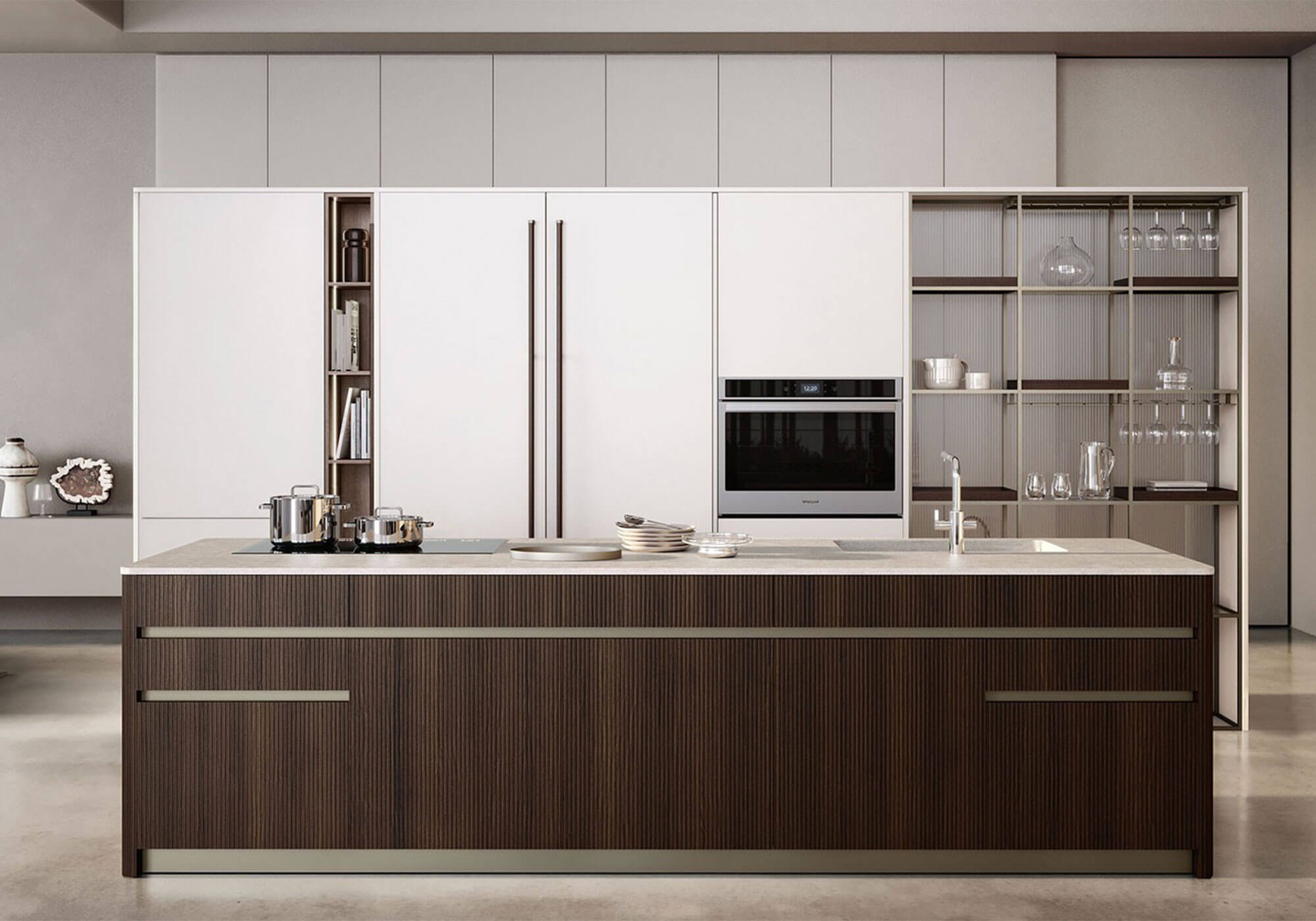 cucina con isola in rovere scuro cannetè e laccato bianco perla Iconica Veneta Cucine