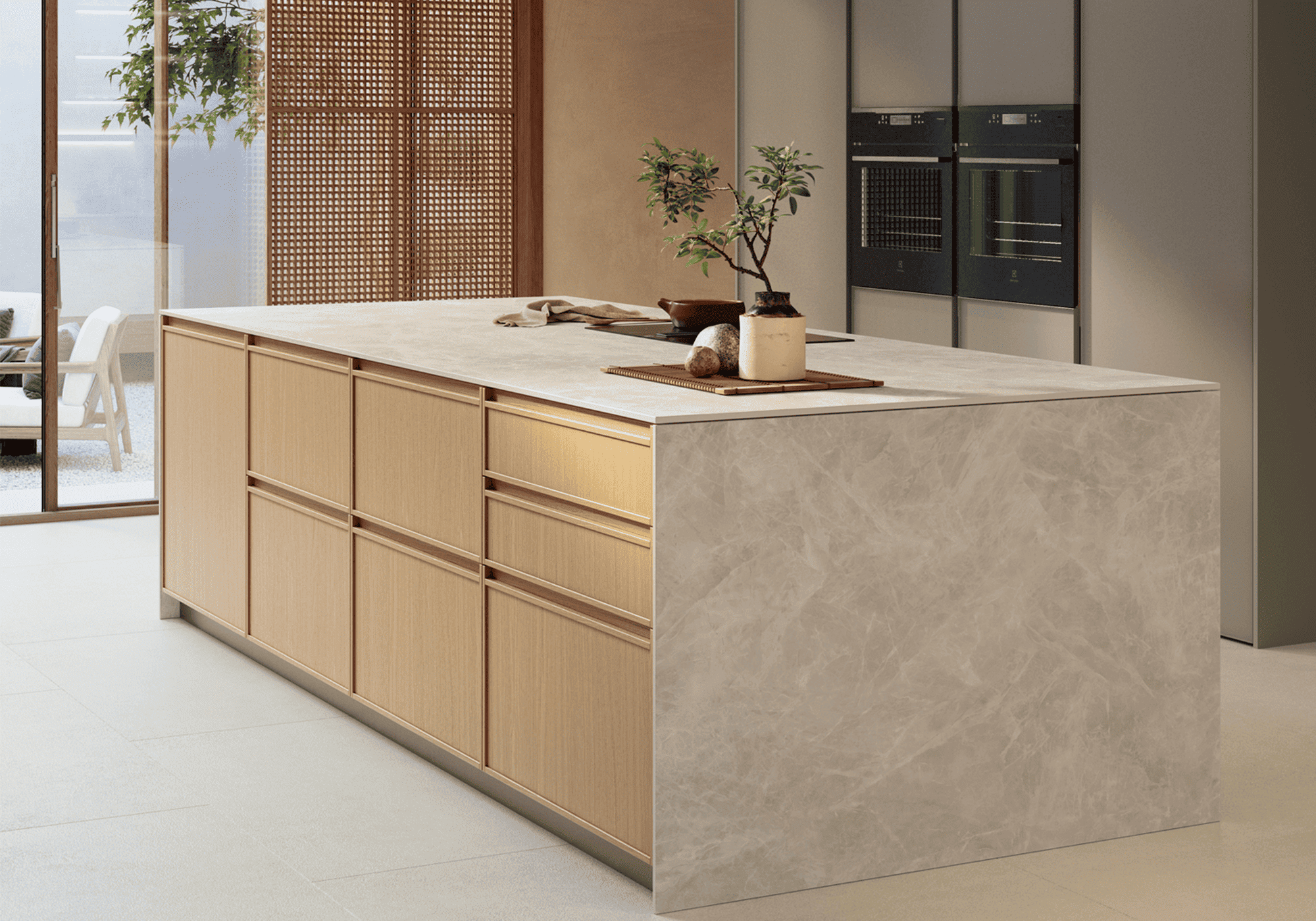 cucina moderna con isola centrale e anta presa integrata rovere ikebana Sakura Veneta Cucine