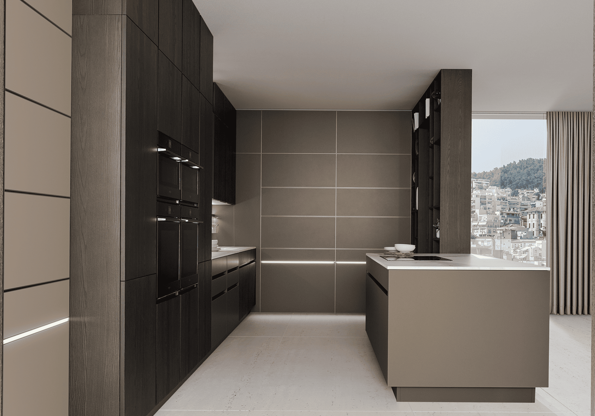 cucina con isola in vetro colore beige cappuccino Iconica Veneta Cucine