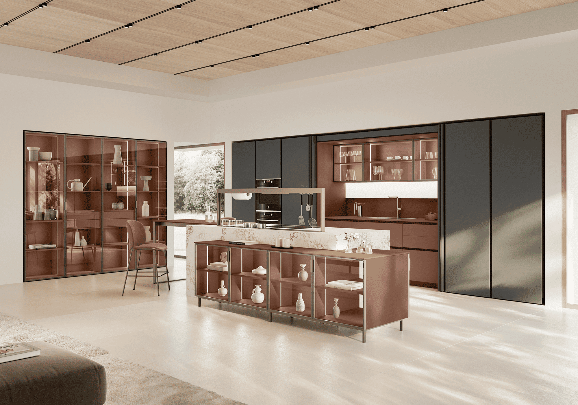 cucina con isola e piano snack rosso Lounge Veneta Cucine