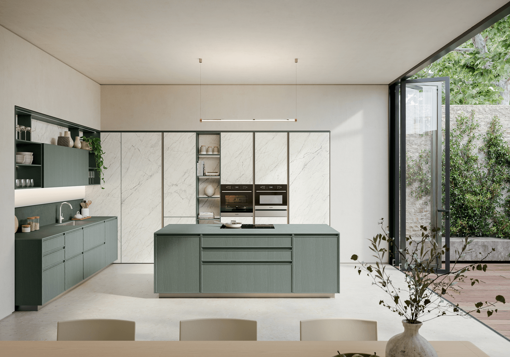 cucina con isola in frassino laccato verde e colonne dispensa iconica ker alabastro Sakura Veneta Cucine