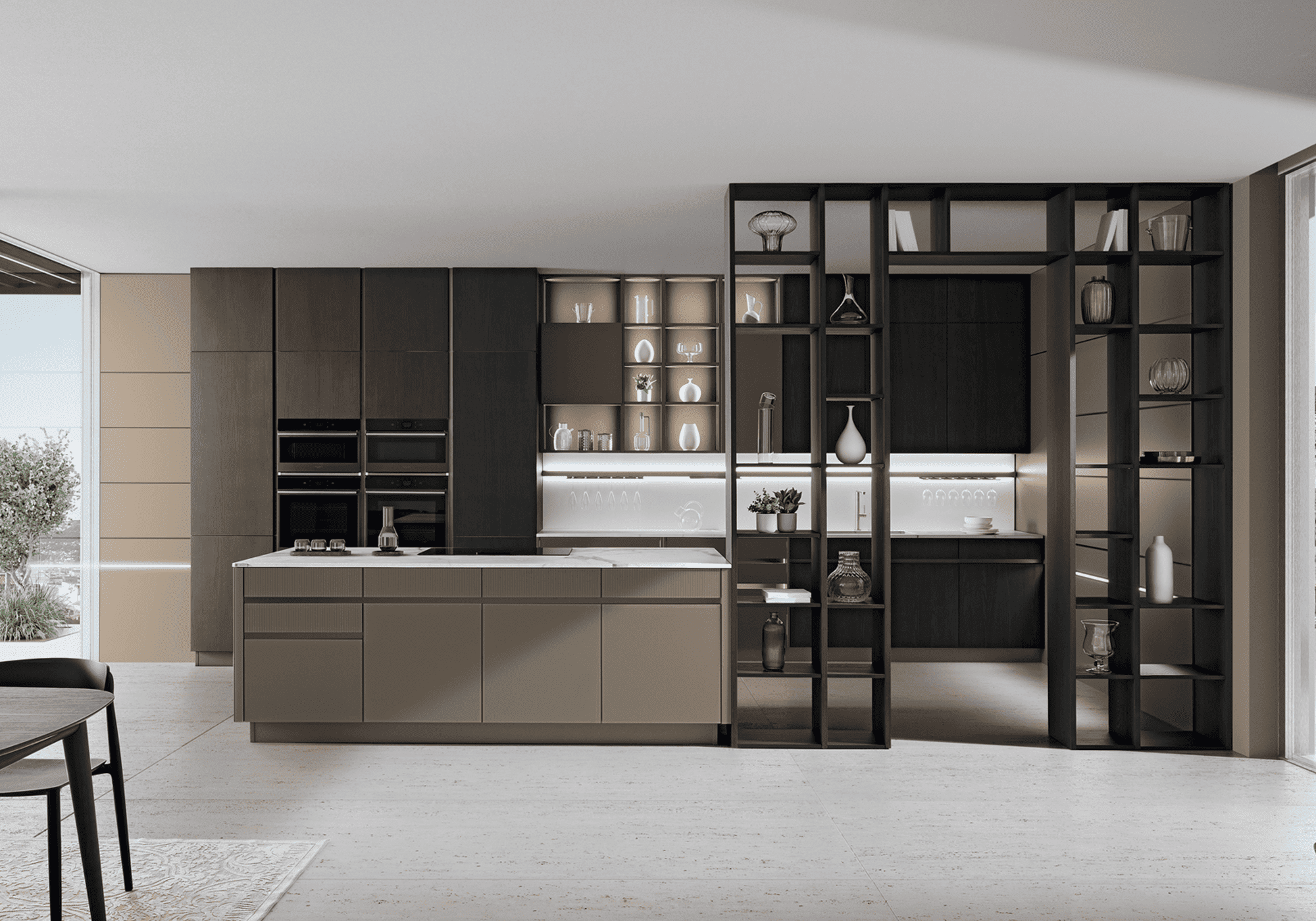 cucina con isola in vetro colore beige cappuccino Iconica Veneta Cucine