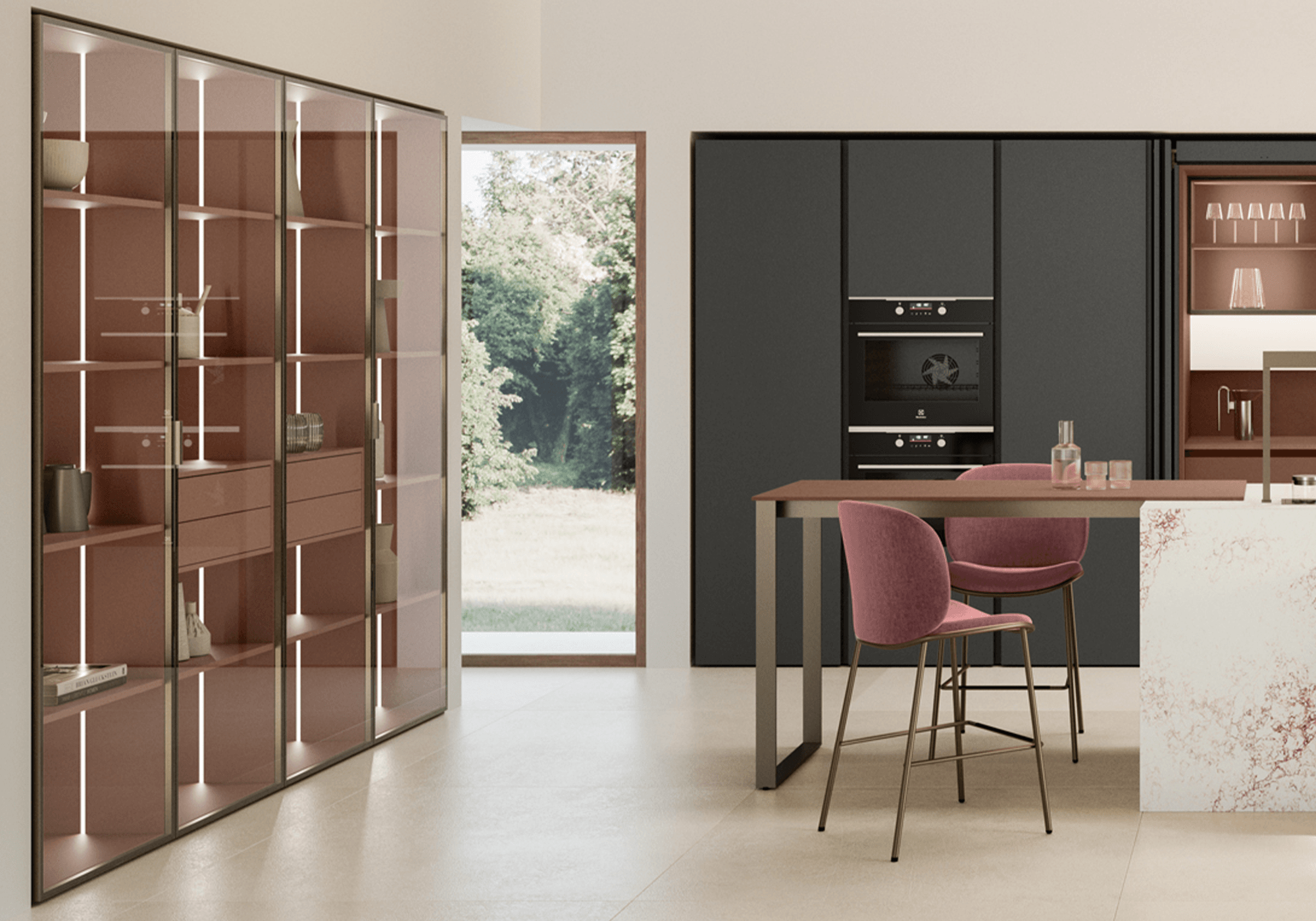 cucina con isola e piano snack rosso Lounge Veneta Cucine