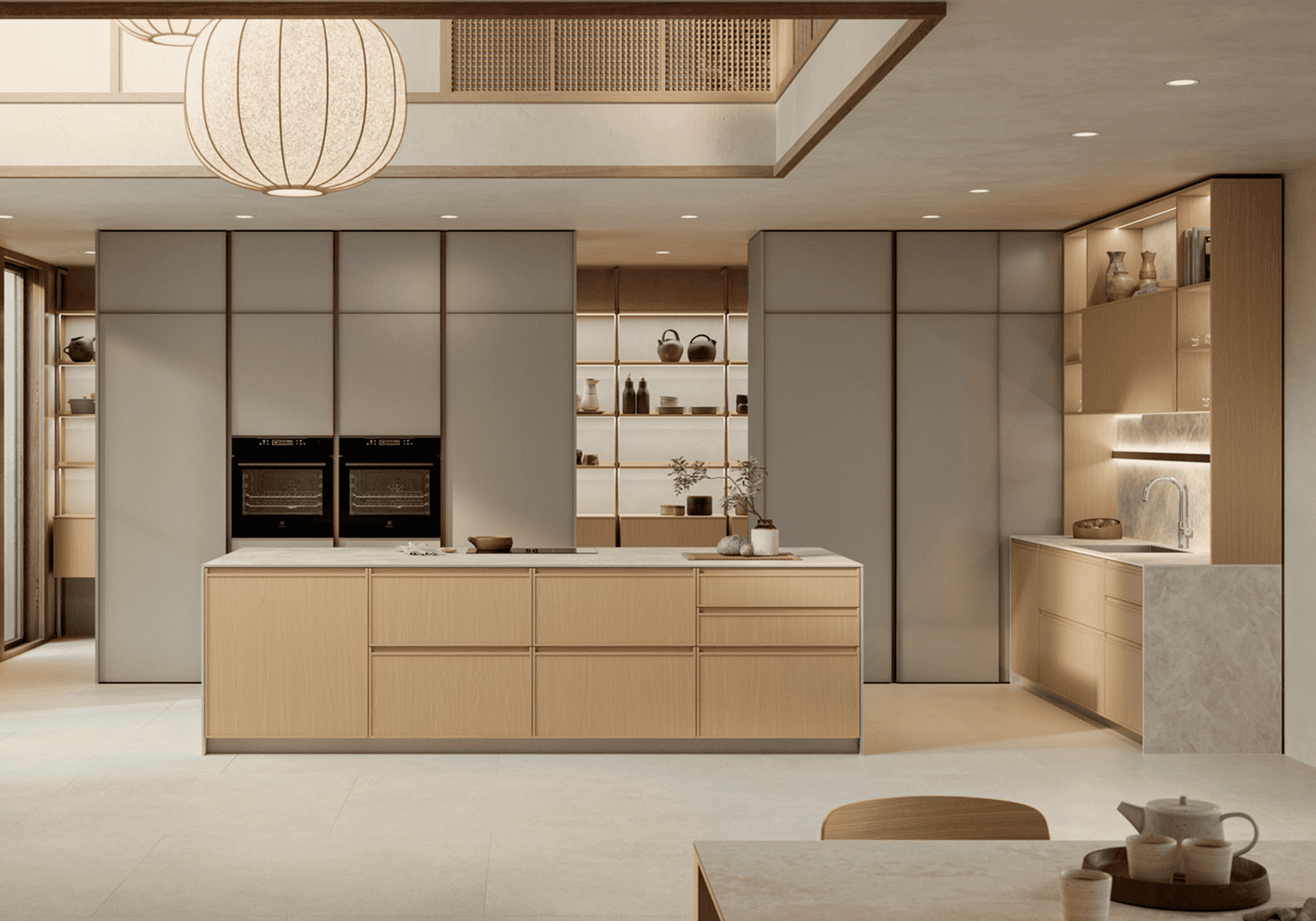 cucina moderna con isola centrale e anta presa integrata rovere ikebana Sakura Veneta Cucine