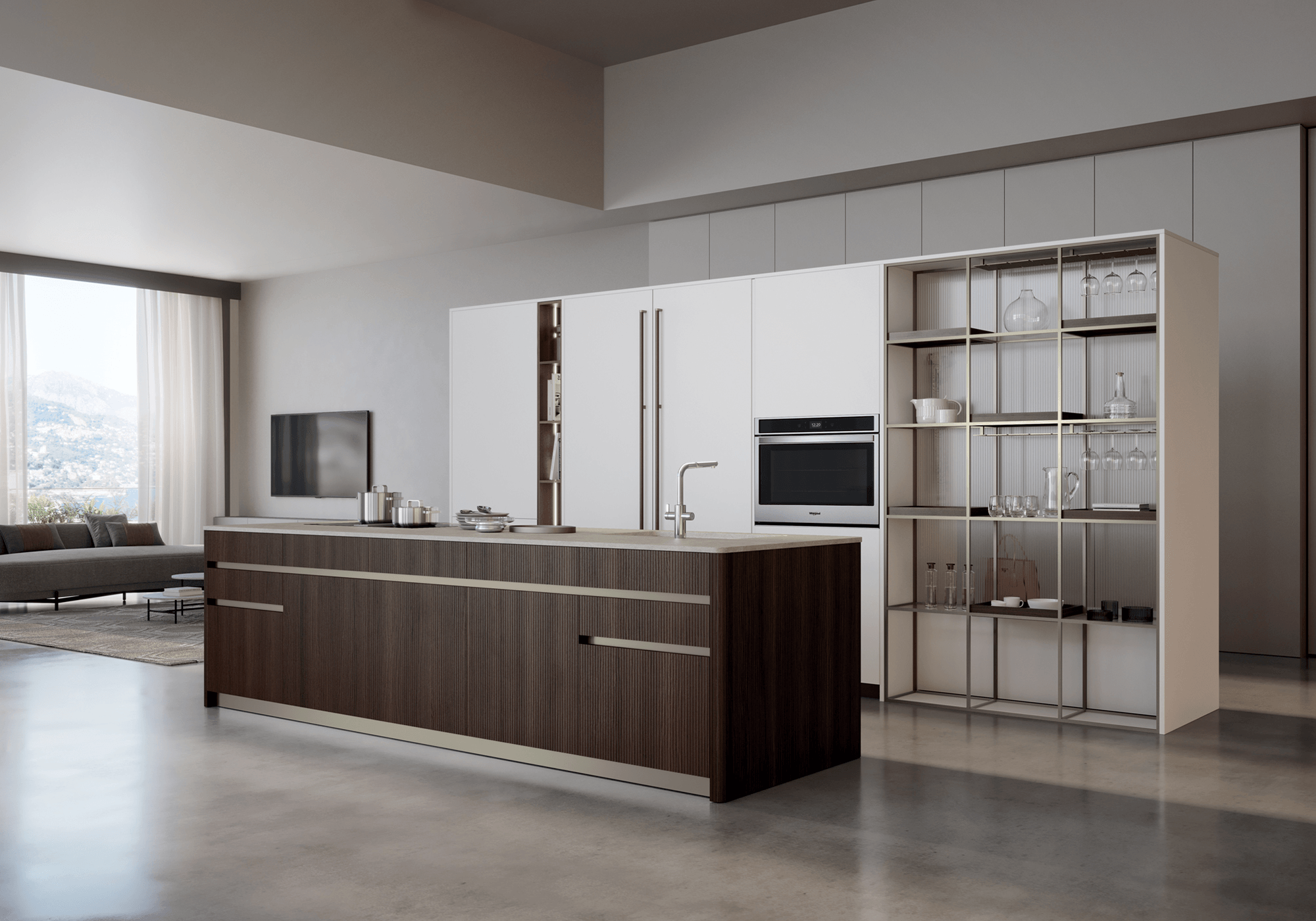 cucina con isola in rovere scuro cannetè e laccato bianco perla Iconica Veneta Cucine