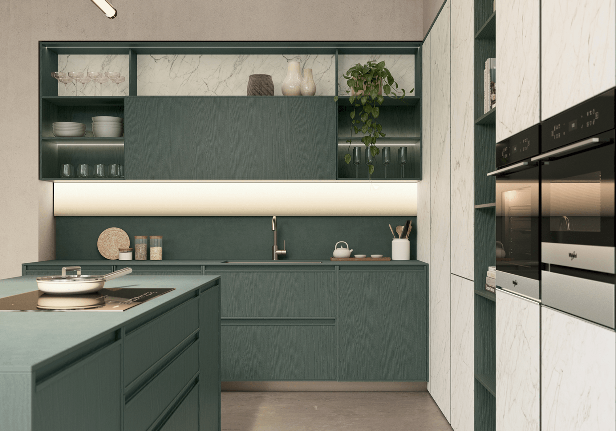 cucina con isola in frassino laccato verde e colonne dispensa iconica ker alabastro Sakura Veneta Cucine