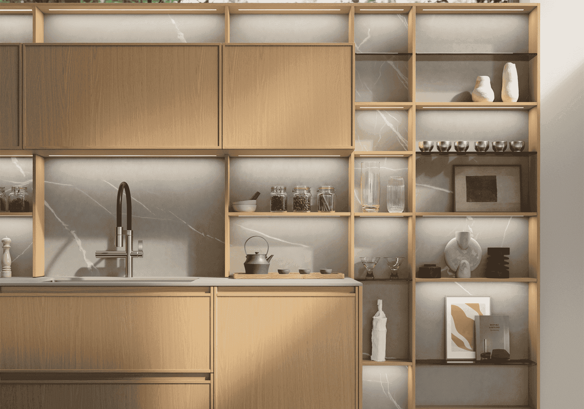 cucina moderna con penisola in rovere ikebana e laccato opaco Sakura Veneta Cucine